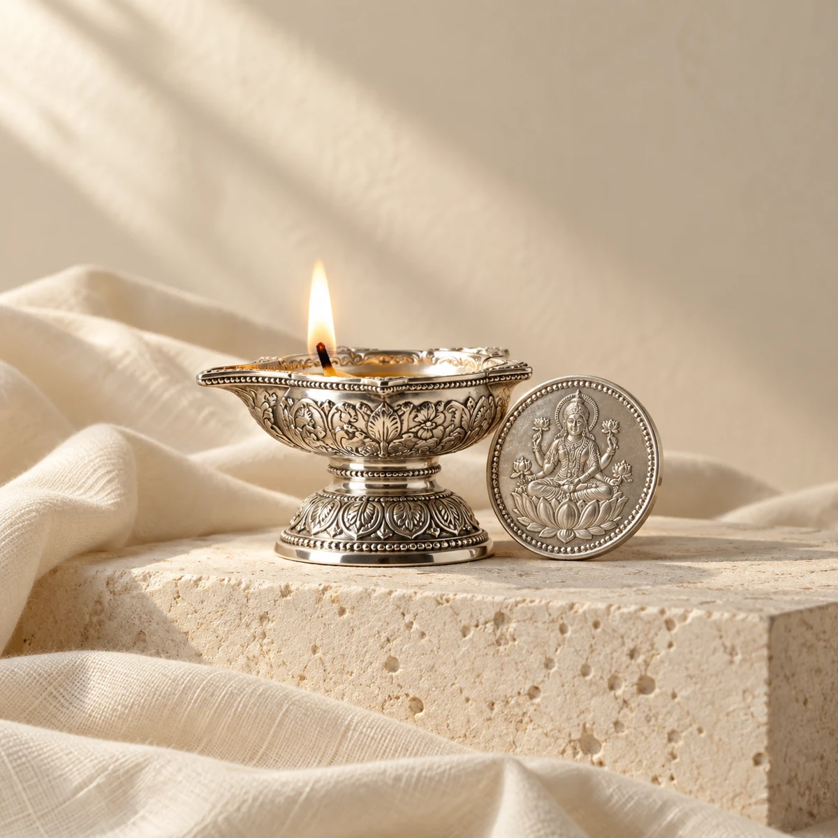 Illustrative silver diya and embossed coin arranged on warm ivory stone